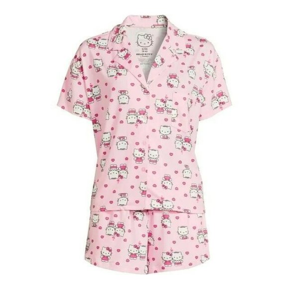 Hello Kitty & Dear Daniel Pink Pajama Set With Hearts Top & Shorts Medium - Picture 1 of 8